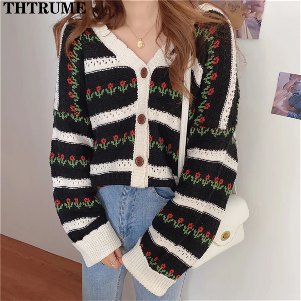 Casual Autumn Winter Sweaters Fashion Women Floral Print Single Breasted Knit Chic Jumpers Tops Elegant Sweet Loose Cardigans