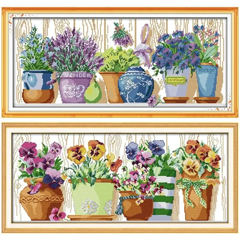 Joy Sunday-Printed Fabric Embroidery Sets, Sewing Patterns, Stamped Cross Stitch Kits, 11CT, The Pottings on the Windowsill