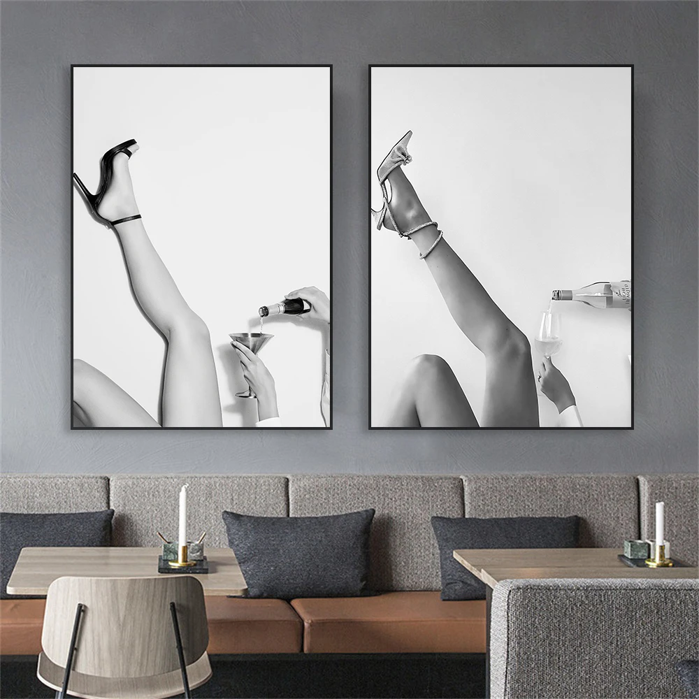 Woman Drinking Champagne Poster Black and White Sexy High Heels Wall Art Canvas Print Woman Sexy Canvas Painting Bar Wall Decor