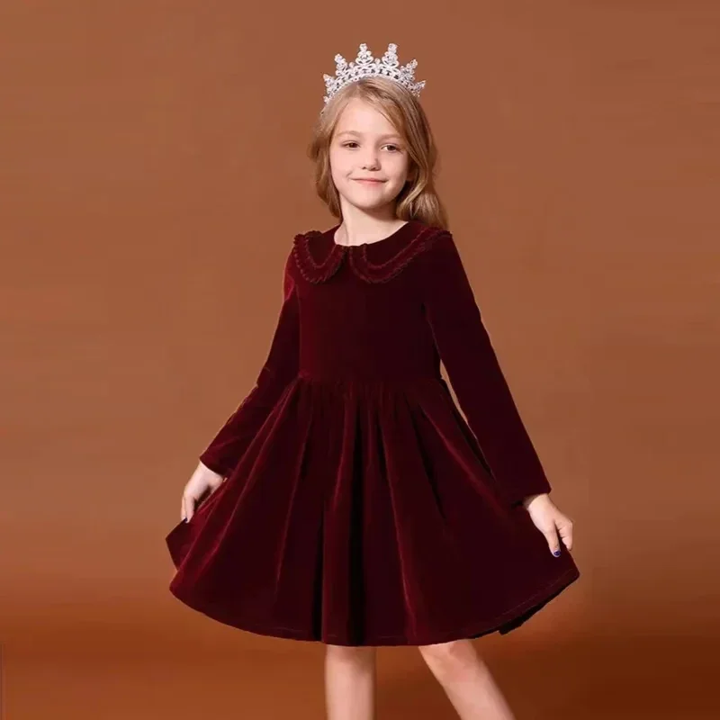 2025 Vintage Velvet Dress for Girls Clothes Infants Spring Red Dresses Children Princess Birthday Partywear Outfits New Years