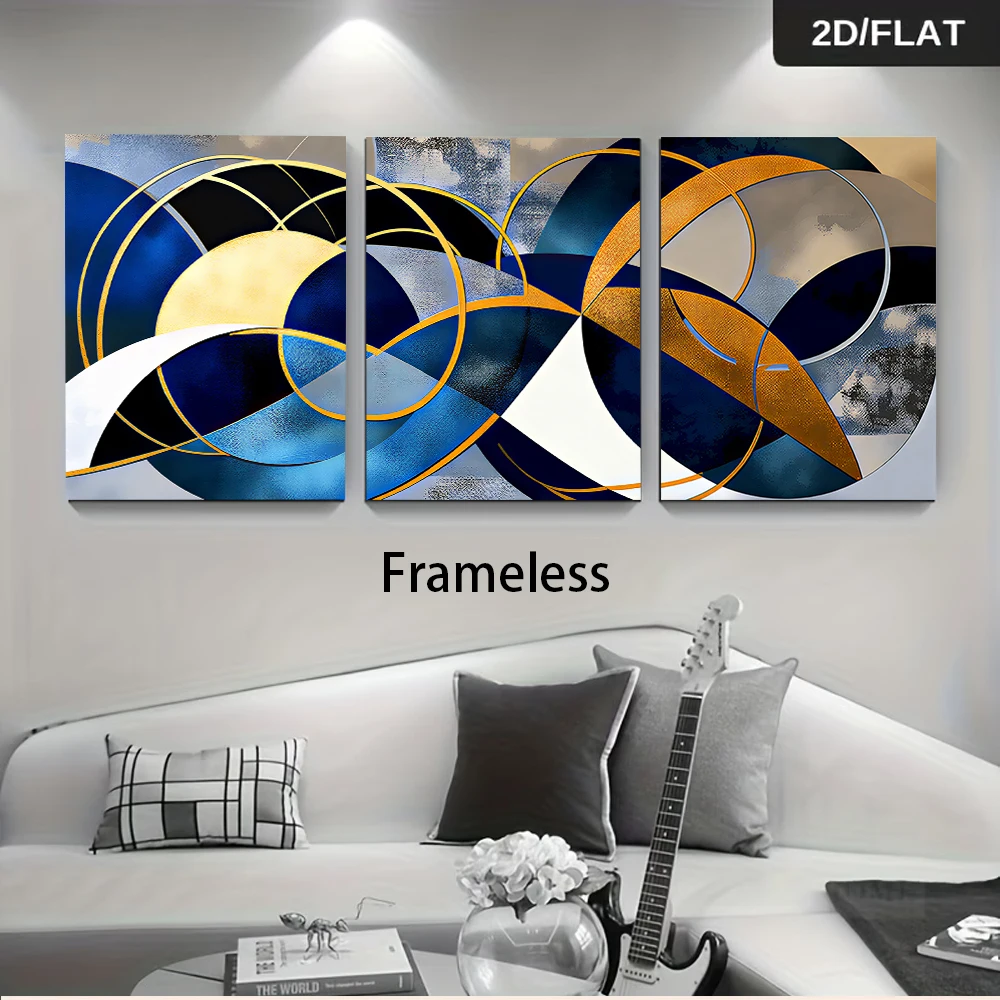 3PCS Frameless,1 set of modern three-panel frameless decorative paintings, light luxury blue and gold geometric art paintings, 2