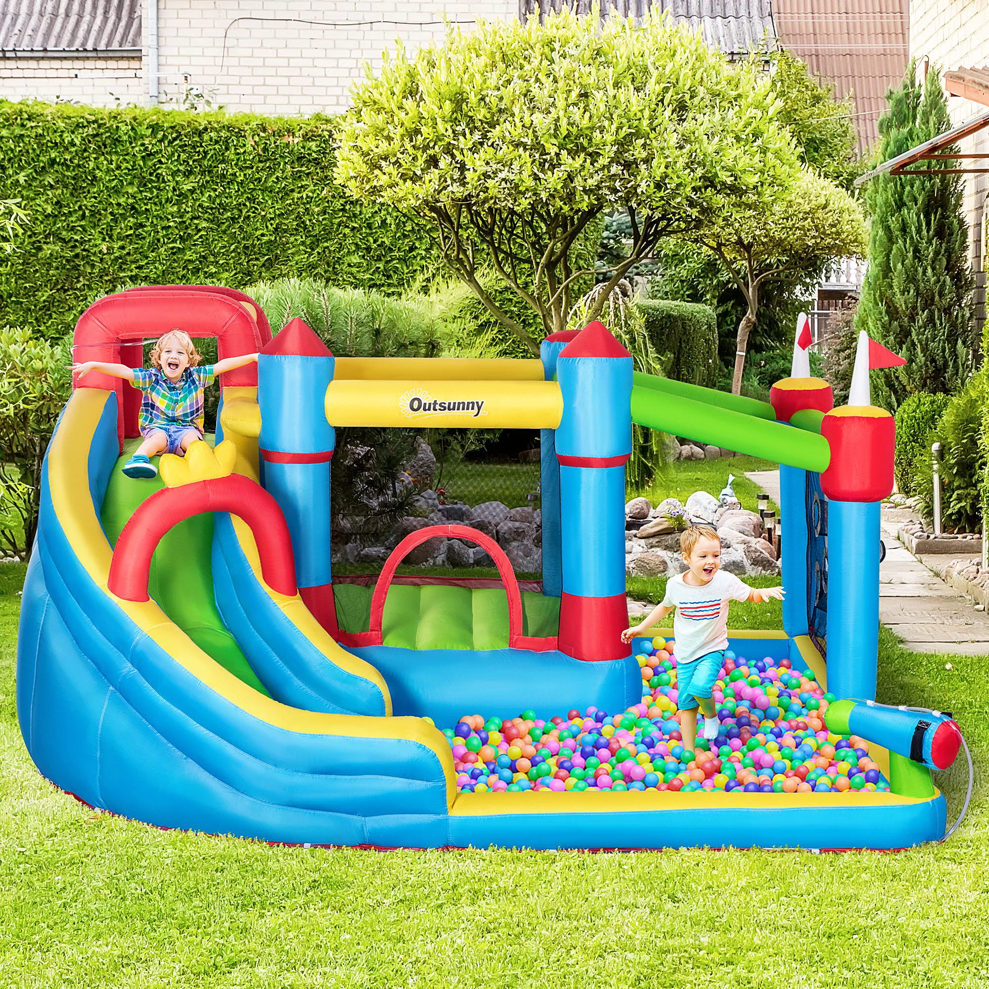 Castillo Inflable con Tobogán, Piscina, Trampolín, Muro de Escalada y Pistola de Agua, para Niños de 3 a 8 Años, 390x300x197 cm - Multicolor
