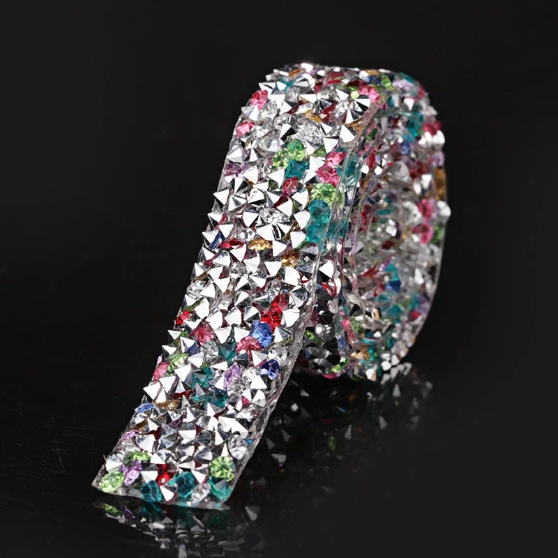 1 Yard DIY Multicolor Rhinestones Strass Crystal Chain Hot Fix Glitter Dress Rhinestone Motifs Ribbon Hot-Fix Patches Applique