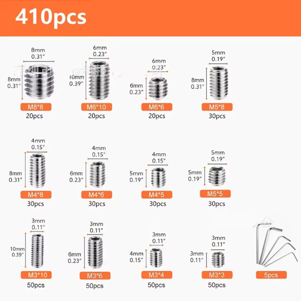 410Pcs 304 Stainless Steel Hex Socket Flat End Set Screw M3 M4 M5 M6 M8 Screw Headless