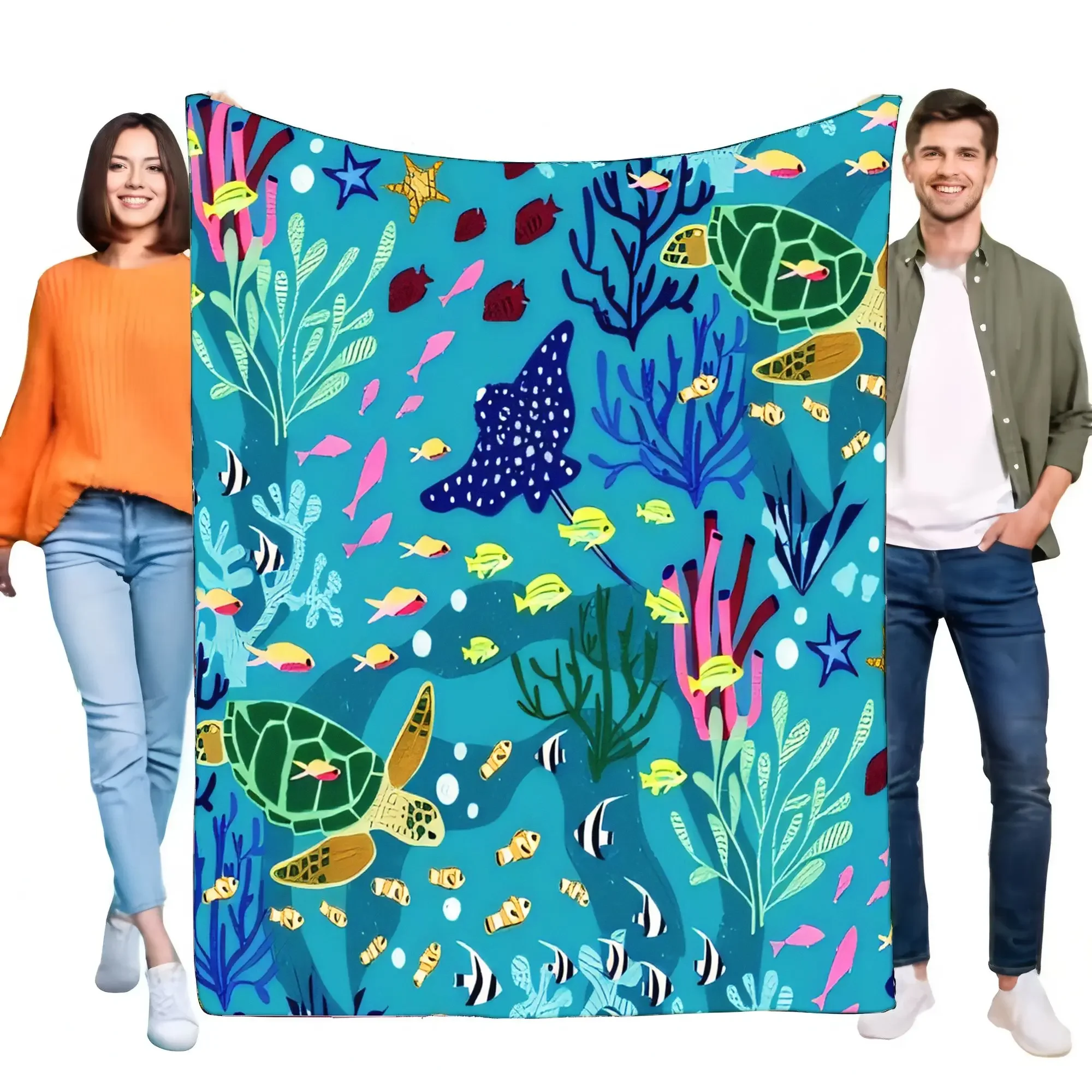 Manta suave de la vida en el océano con diseño de arrecife de Coral de peces Manta Ray de tortuga marina, manta de franela ligera y acogedora para cama, sofá, niños y adultos