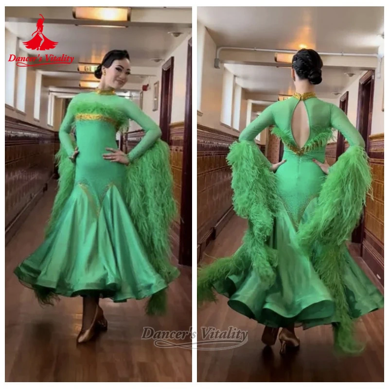 Pearl Silk Fabric Lower Hem Social Dance Dress Customize Female Adult Waltz Tango Professional Perform Clothes Dancer's Vitality