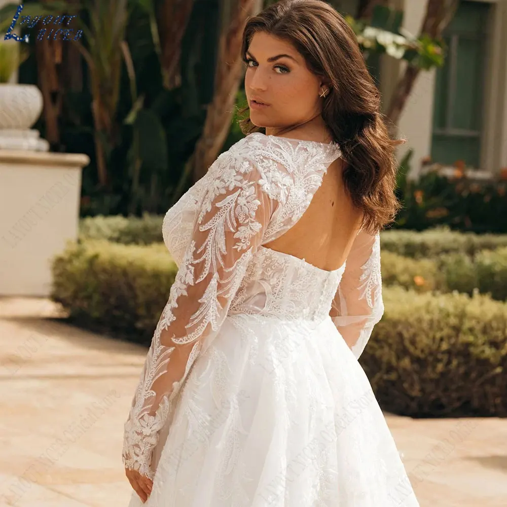 LAYOUT NICEB Appliques Plus Size abiti da sposa con scollo a v maniche lunghe abiti da sposa in pizzo a-line Tulle abiti su misura de mariéeLAYOUT NICEB Appliques Plus Size abiti da sposa con scollo a v maniche lunghe