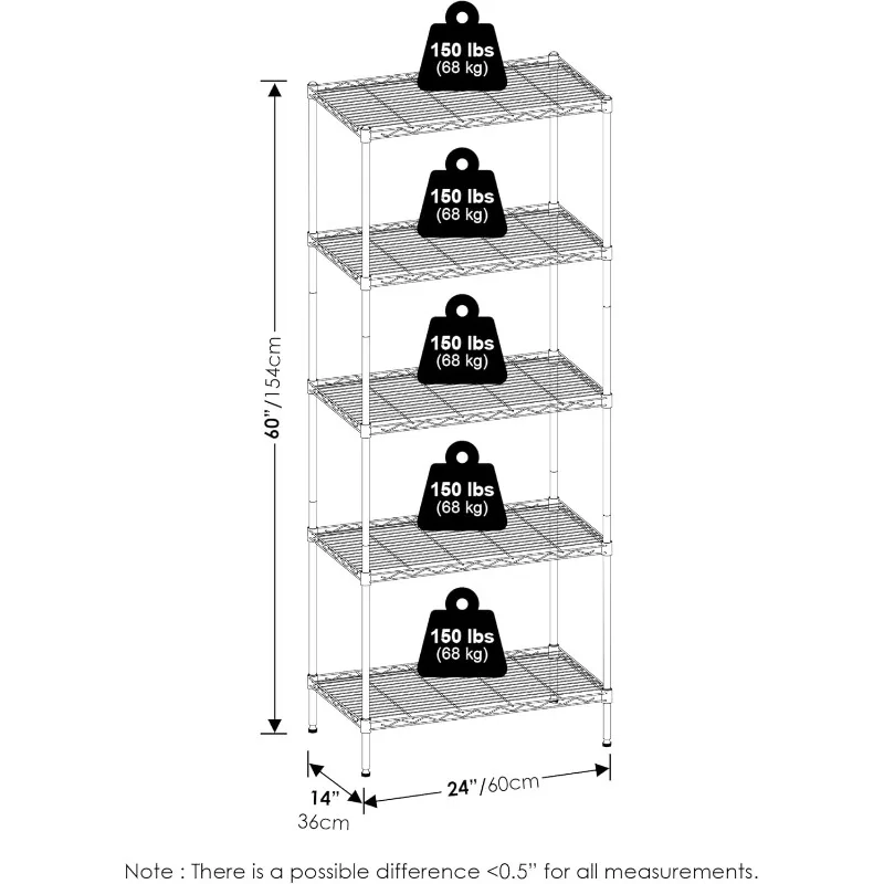 5-Tier Metal Storage Shelf Rack, 24 x 14 x 60, Black