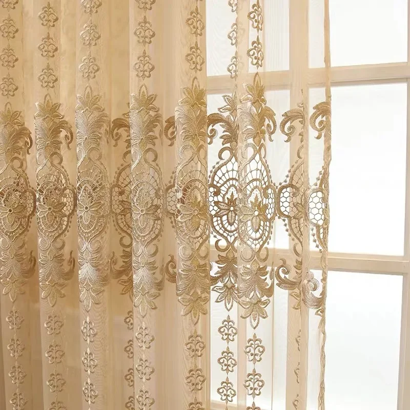 European Royal Beige Luxury Tulle Curtains for Living Room Bedroom Window Screen Elegant Drapes Home Decor High-end Yarn