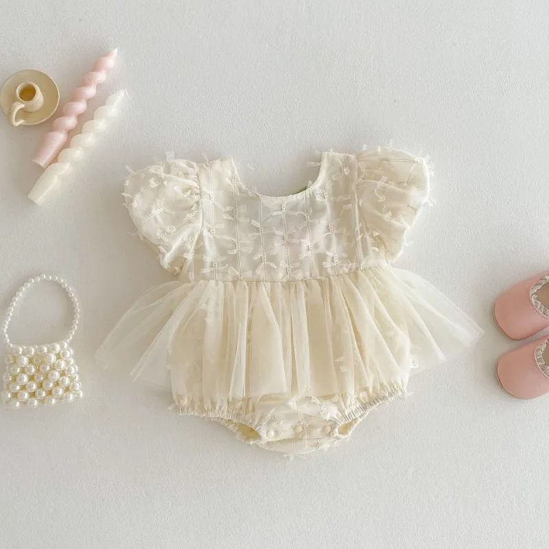 2025 Summer Baby Clothing Sweet Baby Girls Backless Short Sleeve Bodysuit 0-2Y Infant Tulip Mesh One Piece Toddler Outfit