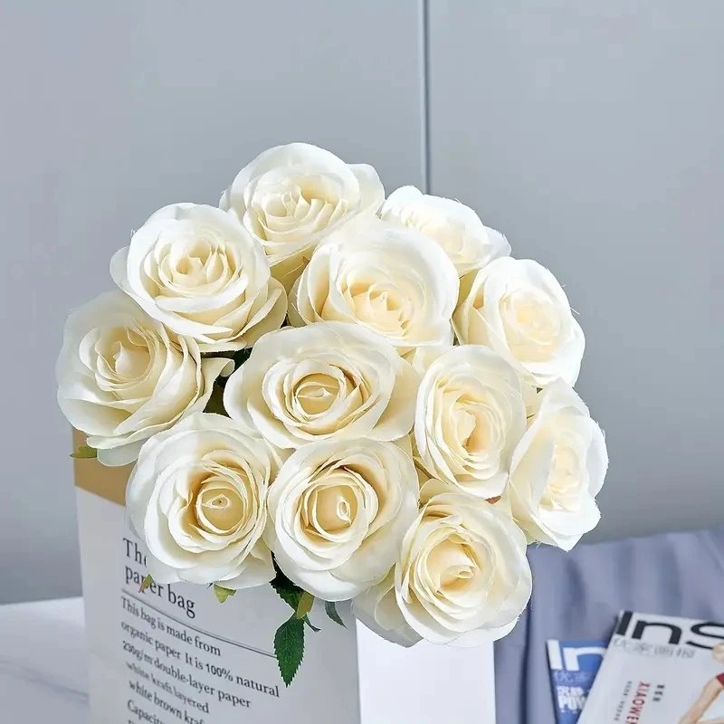 Exquisite 12pcs/lot White Artificial Rose Flowers Long Branch Faux Roses for Wedding Decorate Valentine\'s Day Home Bride Bouquet