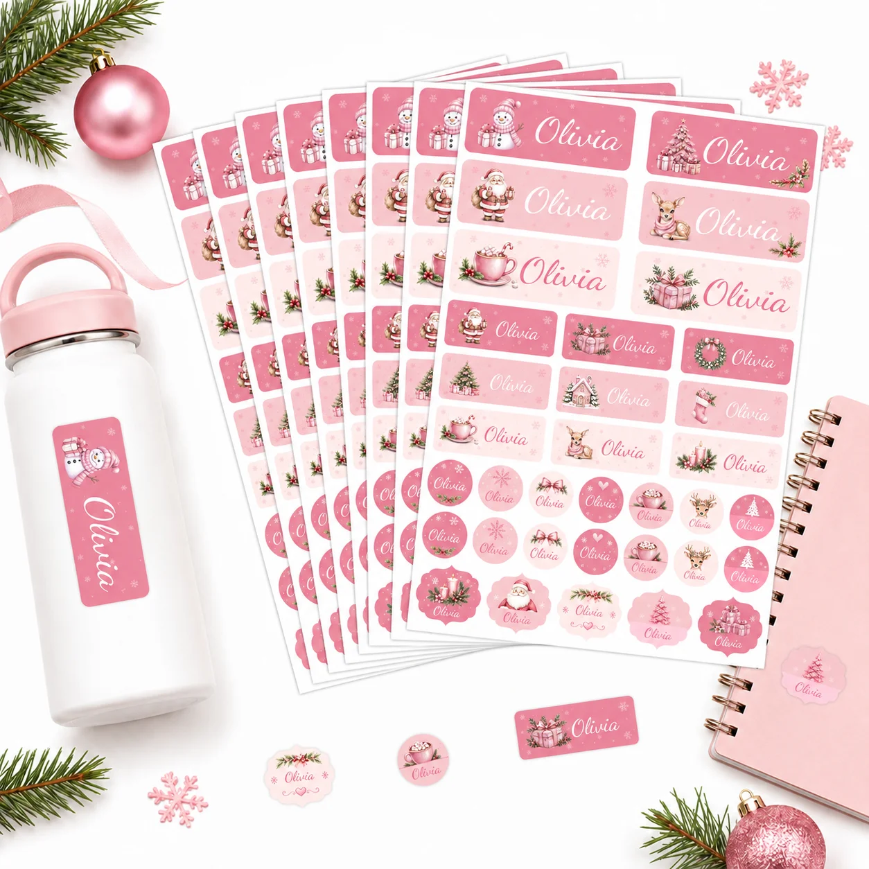 136pcs Personalized Christmas Name Stickers Pink Custom Labels 4 Shapes for Gift Bags Boxes Bottles Party Favors