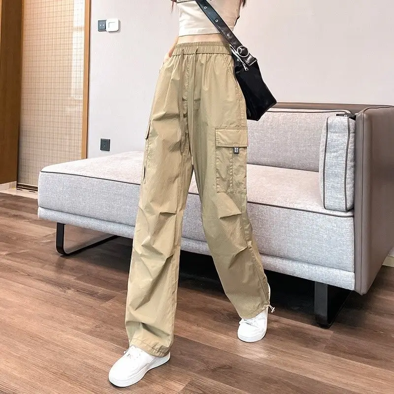 Office Lady Trousers Cargo Straight Women's Clothing Loose Solid Color Elastic Pockets Drawstring High Waisted Casual Pants