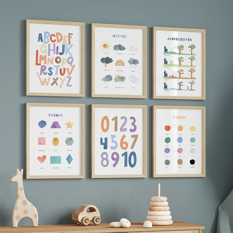 Children German Learning Posters Prints Canvas Painting Children's Room ABC Numbers Wall Art Picture Nursery Decoration