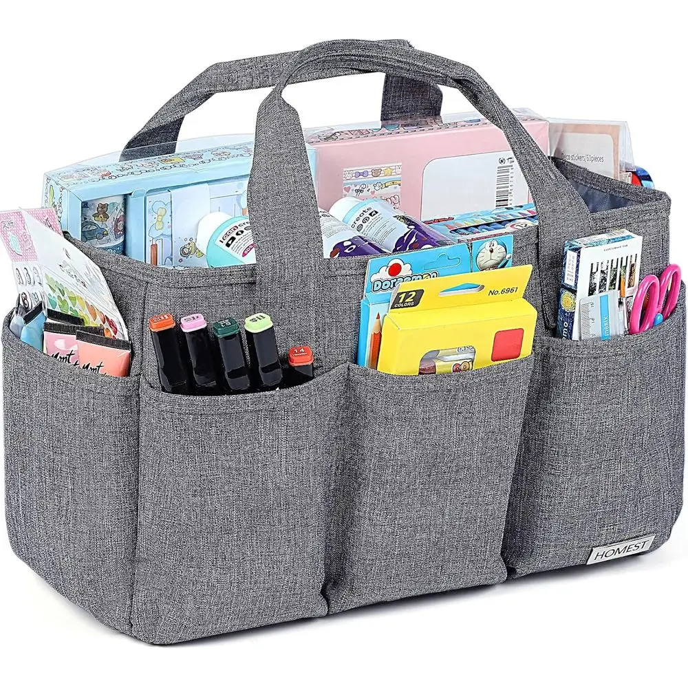 

HOMEST Craft Organizer Tote Bag with Multiple Pockets, Storage Art Caddy for Scrapbooking, Crafts Supply Carrier for Tool, Gray