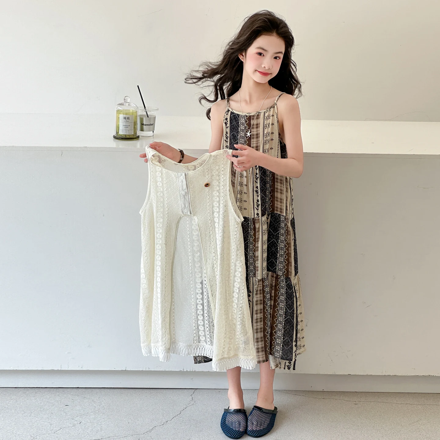 2PCS Kids Girls Bohemian Tiered Dress Set Lace Vest Sleeveless Printed Maxi Dress Cover Up, Casual Summer Outfit for Girls 6-12Y
