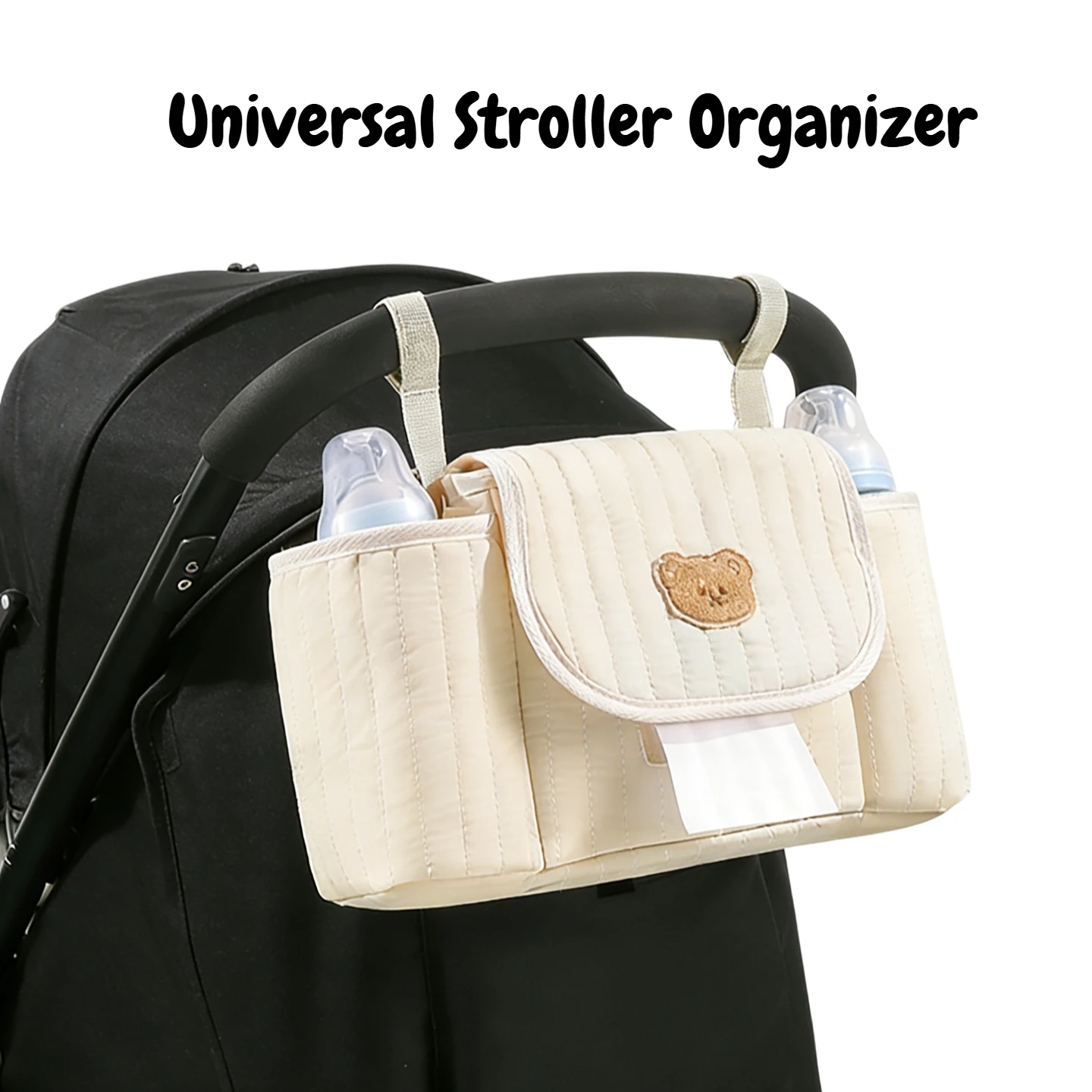 

Universal Stroller Organizer with 2 Cup Holders Baby Stroller Cute Embroidered Bear Hanging Storage Bag Kindergarten Accessories