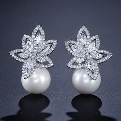 ZAKOL Temperament Imitation Pearl Flower Stud Earrings Elegant Leaf Marquise Zirconia Wedding Party Jewelry for Women