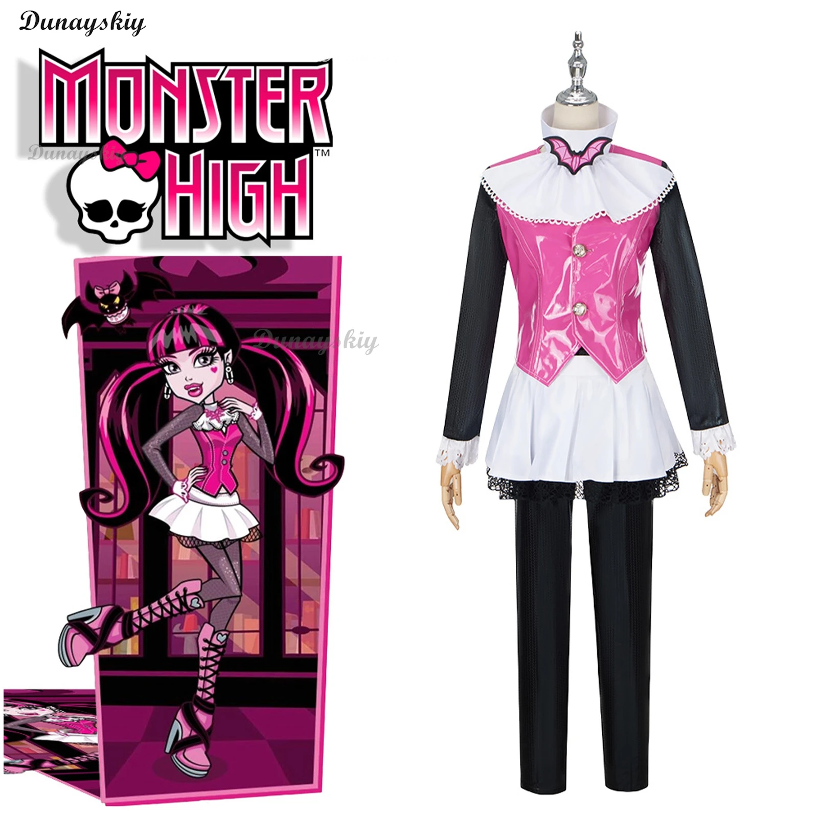 Draculaura Cosplay Monster Cos High: Draculaura Costume Wig Pink Suit Vampiree Draculaura Female Cosplay Halloween Shoes