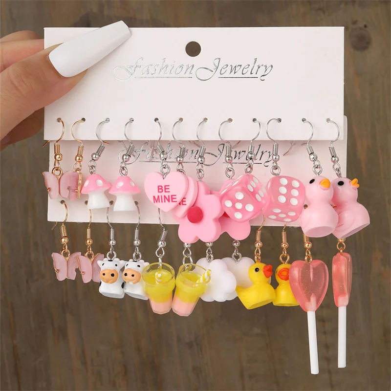 Colorful Butterfly Heart Cartoon Dangle Earrings Set For Women Girl Kids Cute Duck Clouds Resin Drop Earring Jewelry Accessories