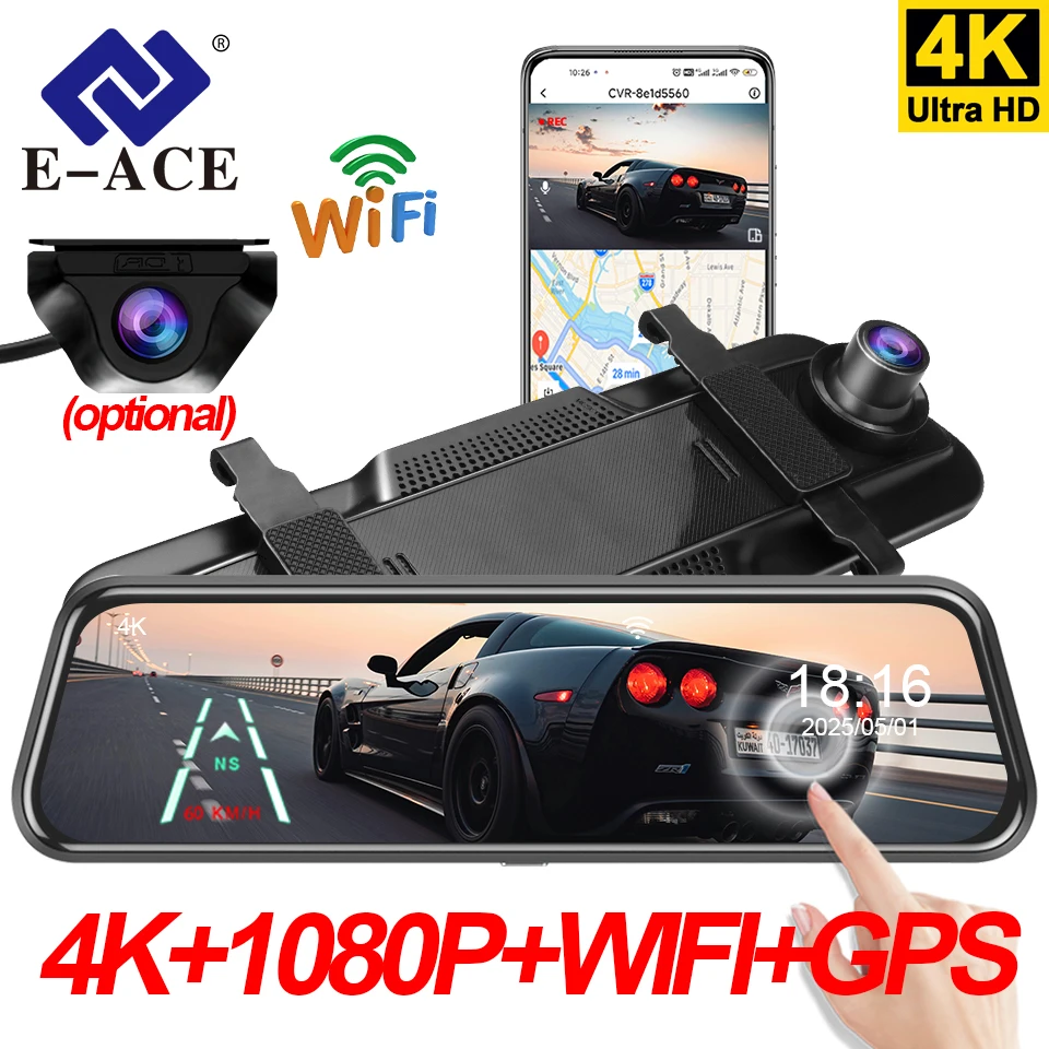 

E-ACE Mirror 4K Dash cam 10 Inch Dual Lens Car Dvr Support WIFI GPS 1080P Rear View Camera Video Recorder Black Box ﻿