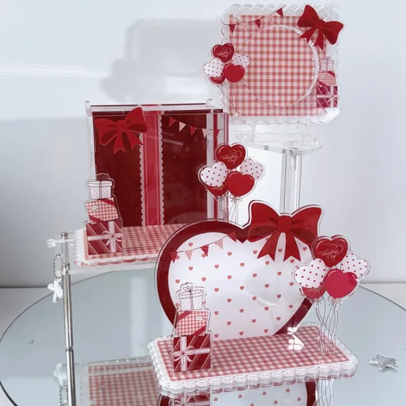 Love Story Heart Shaped Acrylic Scene Holder, Valentine Bow Balloon Badge & Stand Display Frame, for Anime Kpop Merch Desk Decor