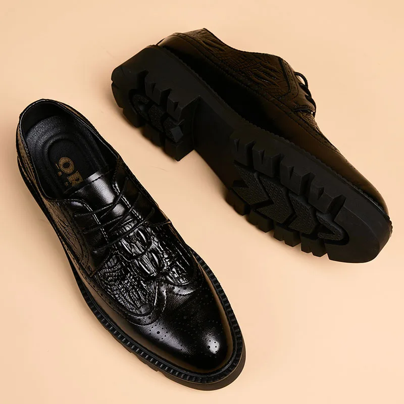 men luxury fashion party nightclub dress genuine leather shoes crocodile pattern brogue shoe black trend gentleman footwear mans