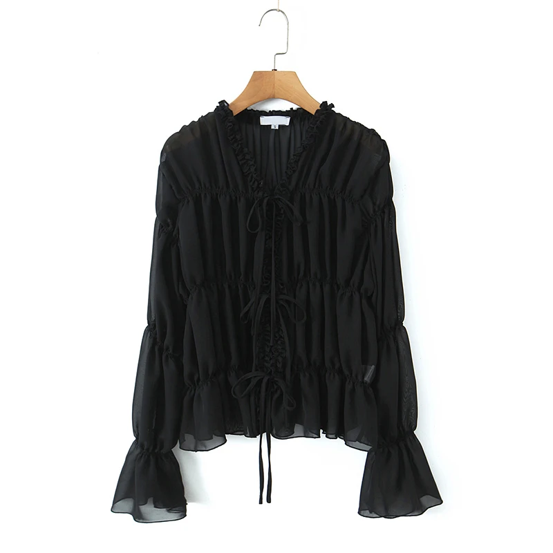 

YENKYE Сексуальная полупрозрачная однотонная шифоновая рубашка для женщин с V-образным вырезом и шнуровкой спереди, с длинными рукавами, летняя солнцезащитная одежда