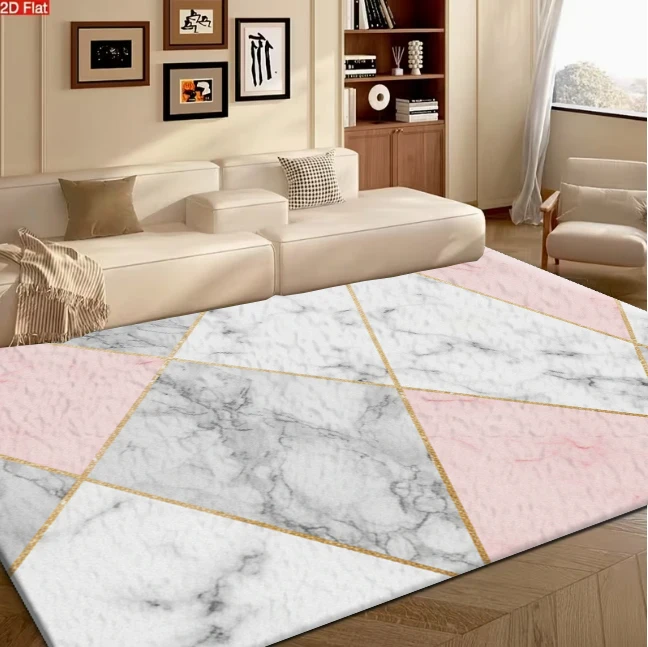 Pink White Marble Geometric Gold Line Carpet Flooring Modern Large Area Rug for Living Room Bedroom Indoor Home Decoration