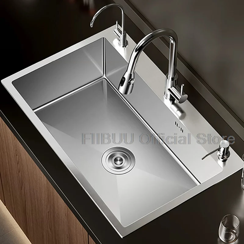

Silvery Stainless Steel Kitchen Sink Large Capacity Single Bowl Thickened Handmade Above Counter Or Undermount With Accessories