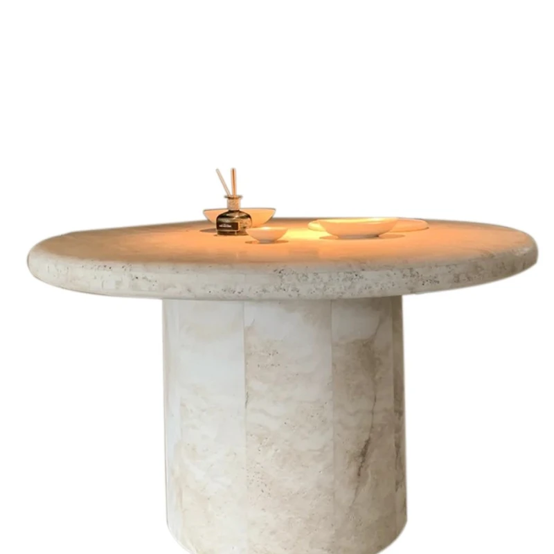 

Natural travertine round dining table in ancient French wabi style ultra-white stone