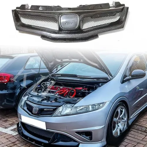 ホンダ シビック FN FK FN2 TYPE R 2006 2007 - 2012 カーボンファイバー & グラスファイバー (未塗装) フロントグリル H ロゴ & ミューゲン付き