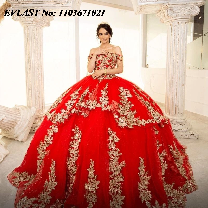 

EVLAST Mexican Red Quinceanera Dress Ball Gown Gold Floral Lace Applique Beading Corset Sweet 16 Vestidos De XV 15 Anos SQ73