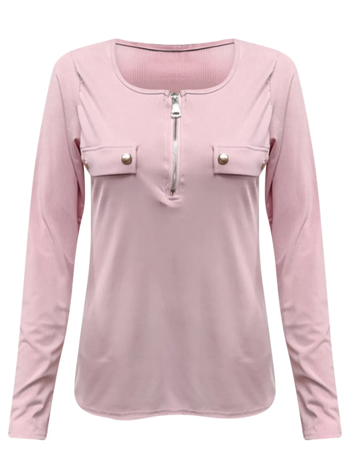 قميص نسائي بأكمام طويلة وسحاب، تصميم عصري ضيق برقبة مستديرة وطول قصير بلون موحد، أزياء صيفية للسيدات