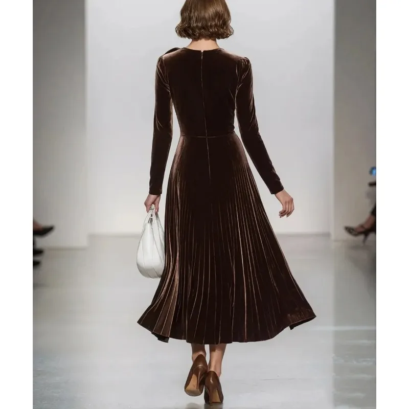 Long Sleeve Velvet Evening Dresses Short V-Neck Pleated Zipper Back Prom Dresses Tea Length Party Dresses for Women Customized