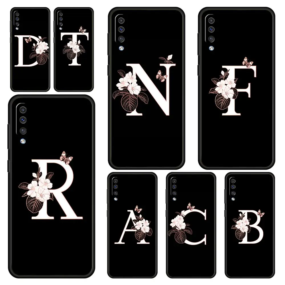 Phone Case for Samsung Galaxy A56 A36 A26 A16 A06 A54 A42 A34 A24 A22 A20 A12 A40 A50 5G Soft TPU Shell Flowers Initial Letter