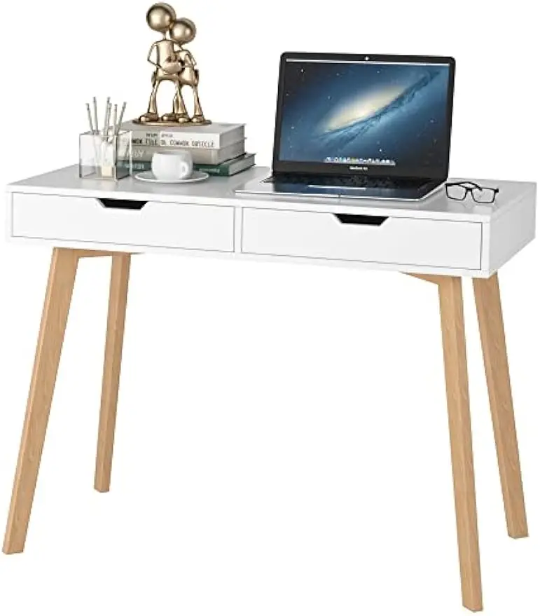 White Computer Writing Desk with 2 Drawers, Small Desk Makeup Vanity Table Wood Desk with 4 Oak Legs