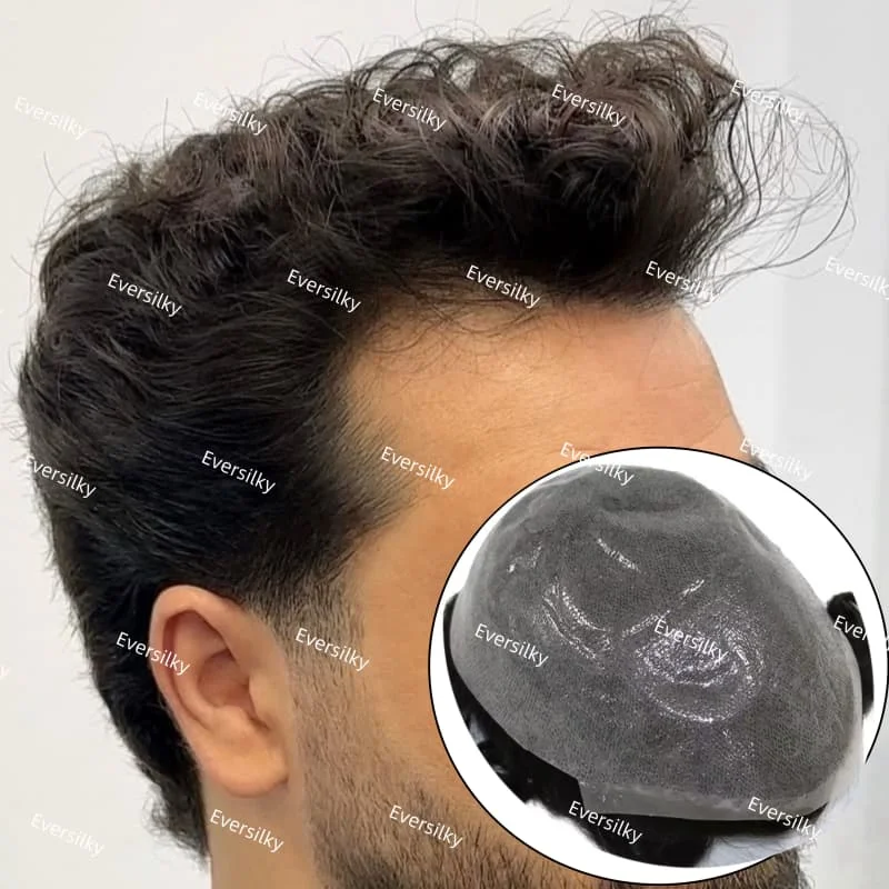 

0.02-0.03mm Thin Skin Base PU Men's Toupee 100% Indian Human Hair Mens Wigs Replacement Mens Toupee 10×8 Hair Pieces For Men