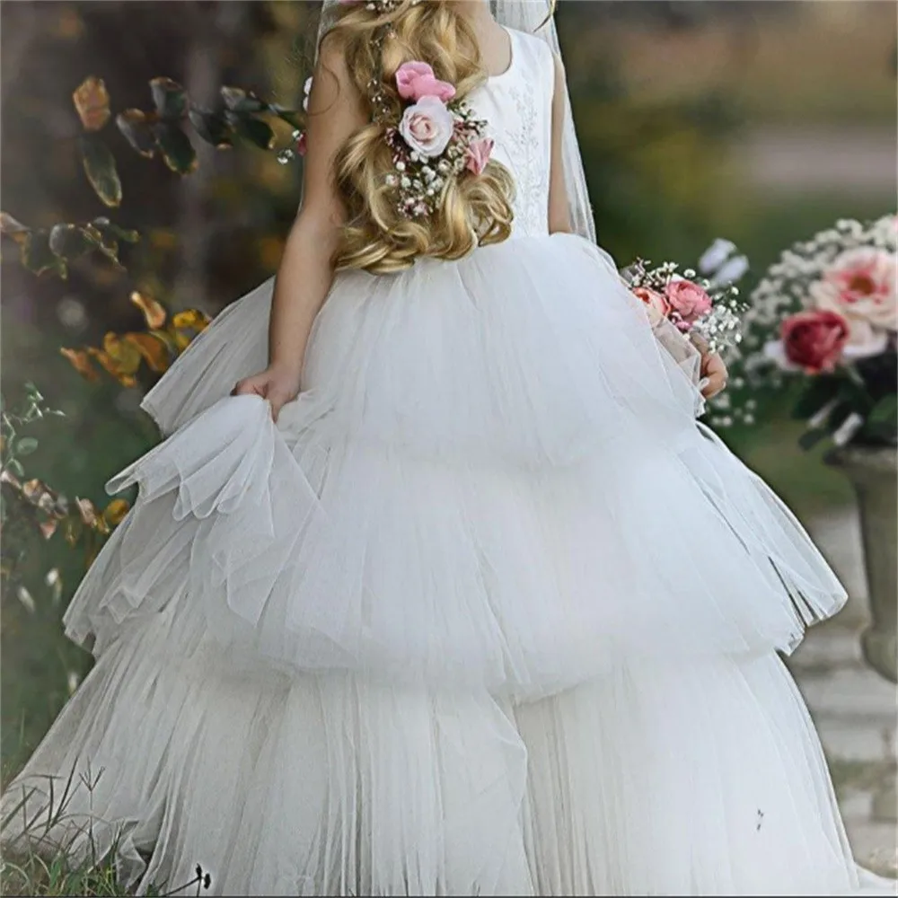 

Holy Tulle Lace Printing Layered Princess Flower Girl Dresses Wedding Party Ball First Communion Dresses Birthday Present