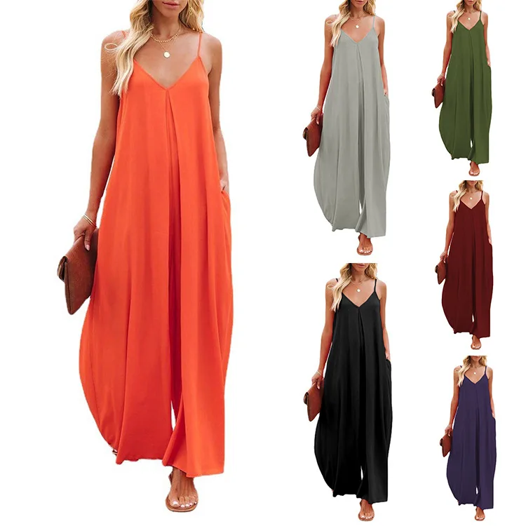 Suspender wide leg pants for women in the summer of 2024, new fashionable and sexy solid color pocket casual jumpsuit