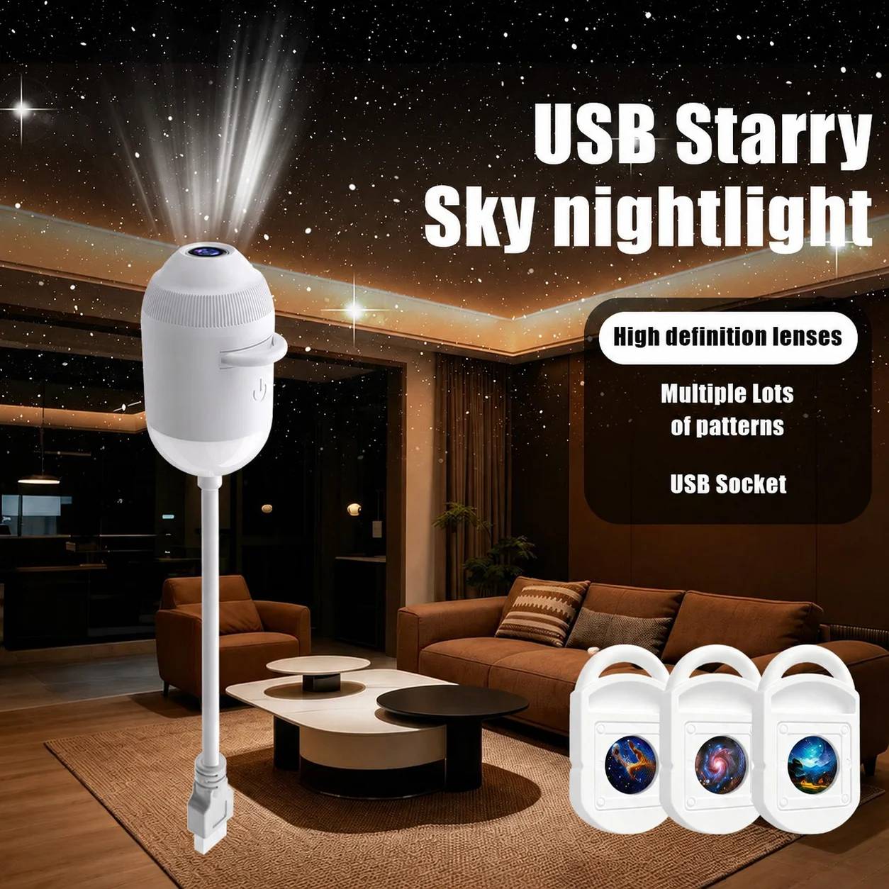 USB Starry Sky Projector Night Light 360 Bendable Flexible Hose HD Projection Car Bedroom Decor Lamp Replaceable Pattern Films