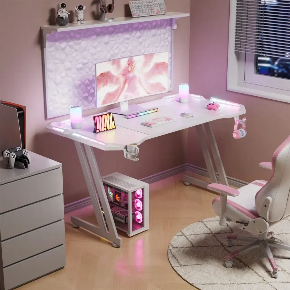 

Gaming Desk With LED Lights Carbon Fibre Surface Gaming Table Large Computer Desk Ergonomic Home Office Desks Z Shaped PC Gamer