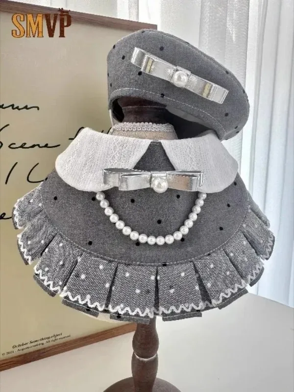 

Original Design Lady Style Black Polka Dots High Quality Gray Ruffle Hem Pearl Decoration Beret Pet Kitten Puppy Bib