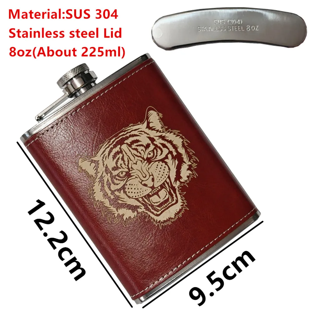 Tiger Totem Stainless Steel 304 8OZ Hip Flasks Covered Wine Red Pu Leather Luxury Flask Gift For Man