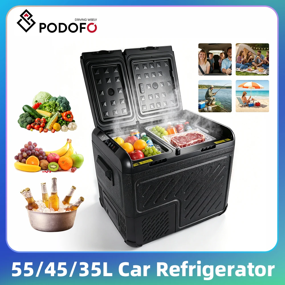 Podofo 35L/45L/55L Auto-Kühlbox Tragbarer Kompressor-Kühler für Reisen und Camping Auto-Kühlschrank Leiser Betrieb LED-Licht Eisbox