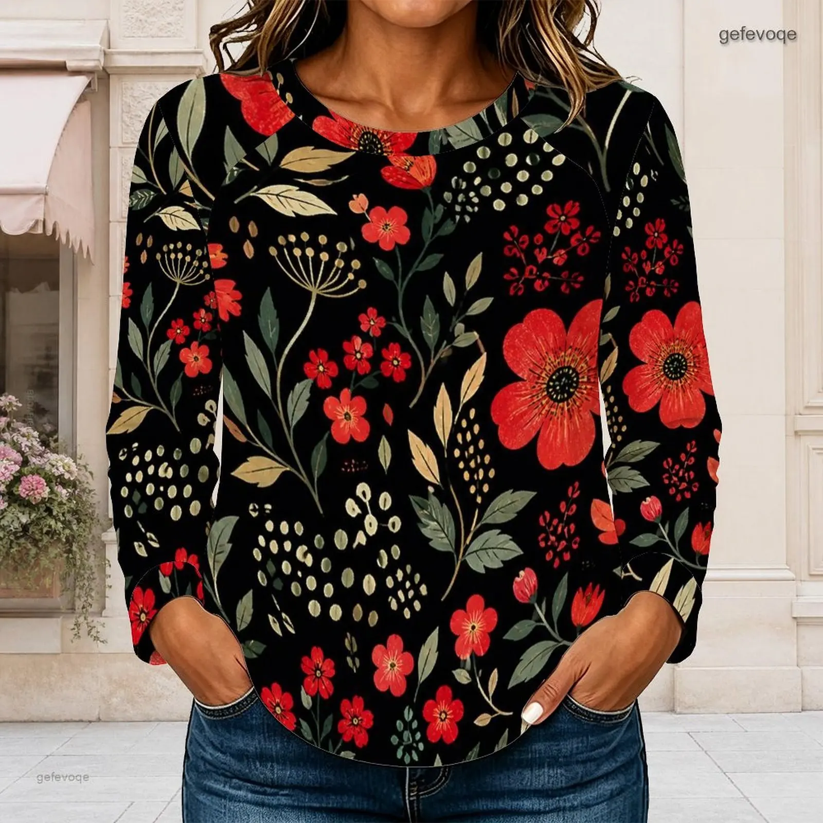 Women Beige with Black Floral Vine Dot Printed Round Neck Long Sleeve Curved Hem Top