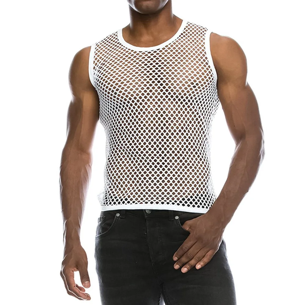 Mens Sexy Tank Top Transparent Mesh Undershirt Fishnet Vest String Sleeveless Shirts Male See Through Night Clubwear Slim Sport