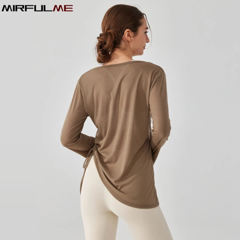 Women Loose Yoga Sport Shirts V-Neck Long Sleeves Running Sweatshirts Thin Breathable Bandage Tops Girls Gym Fitness Tops Blouse