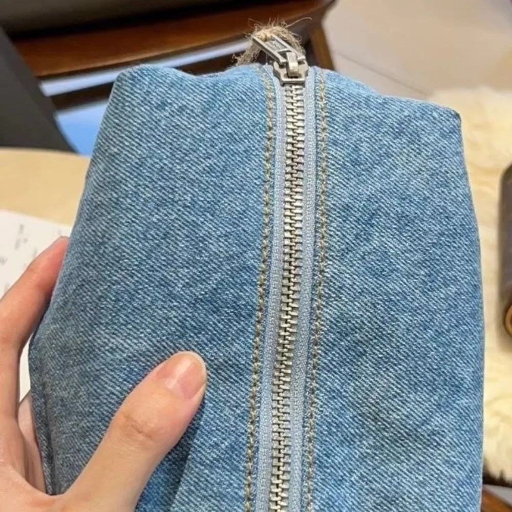 

Solid Color Blue Denim Makeup Bag Travel Organizer Korean Style Jean Cosmetic Bags Zipper Vintage Stationery Storage Bag