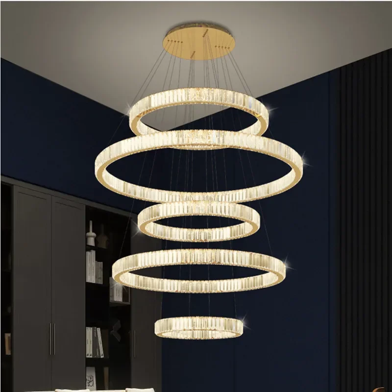 

Hotel Hall Luxury K9 Crystal Led Dimmable Pendant Lights Gold Chrome Steel Lustre Circles Hanging Lamp Villa Stairs Lamp Fixture
